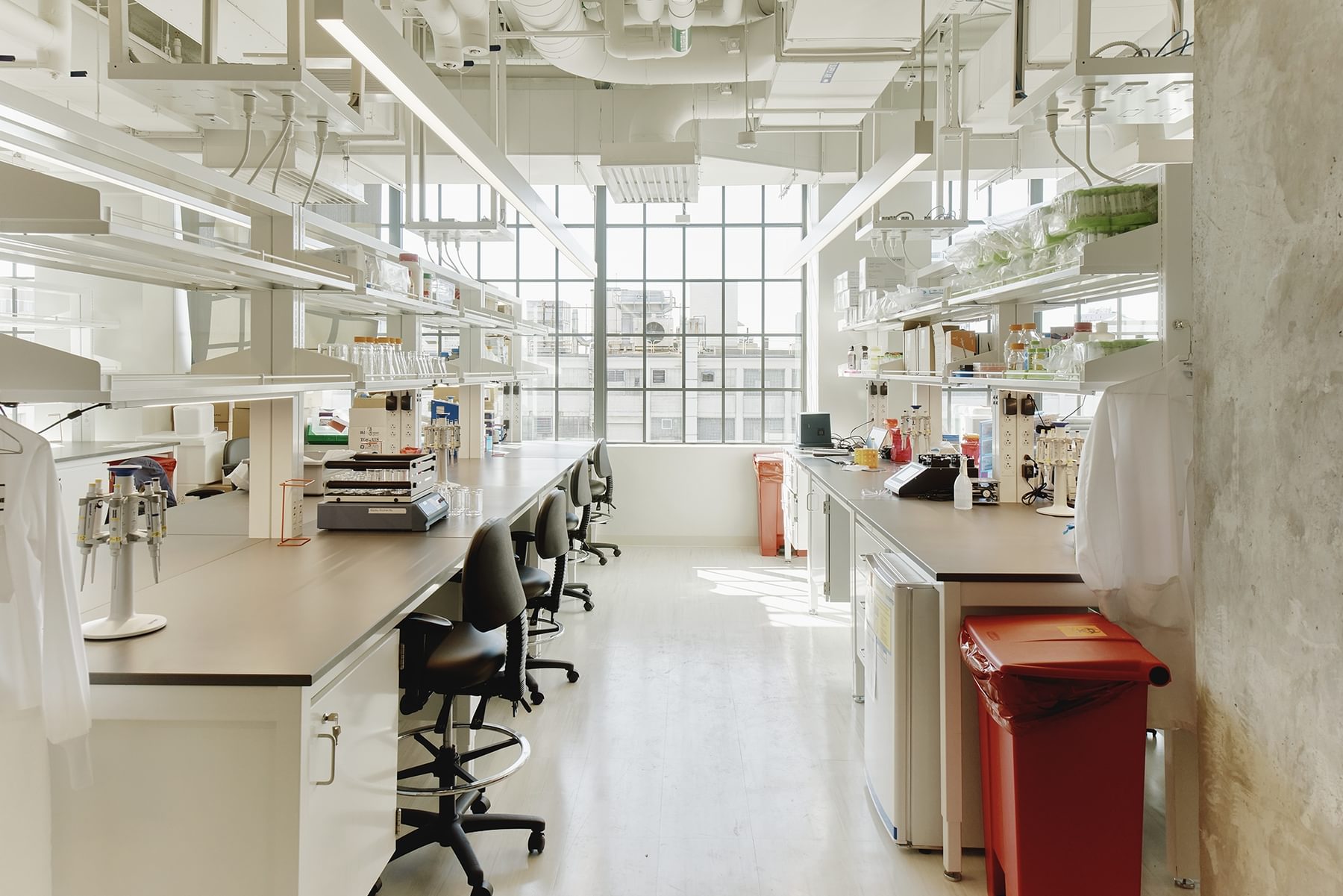 An empty BSL-2 wet lab at The Engine, featuring several lab benches, pipetting equipment, hazardous waste disposal, and other biology and chemistry equipment.
