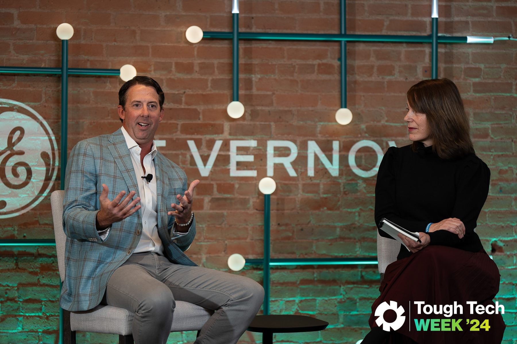 Jessica Uhl, President of GE Vernova, discusses Tough Tech financing with JPMorgan's Head of Climate Tech, Kelly Belcher, during The Engine's annual Tough Tech Week event.