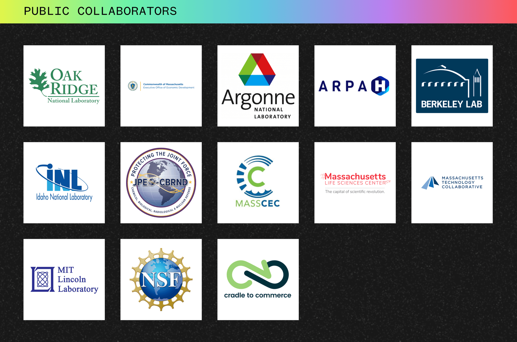 A graphic showing the logos of The Engine's collaborators in the public sector, including Oak Ridge National Laboratory, The Massachusetts Executive Office of Economic Development, Argonne National Laboratory, ARPA-H, The Berkeley Lab, The Idaho National Laboratory, JPE-CBRND, MASSCEC, the Massachusetts Life Sciences Center, Massachusetts Technology Collaborative, MIT Lincoln Laboratory, the National Science Foundation, and Cradle to Commerce.