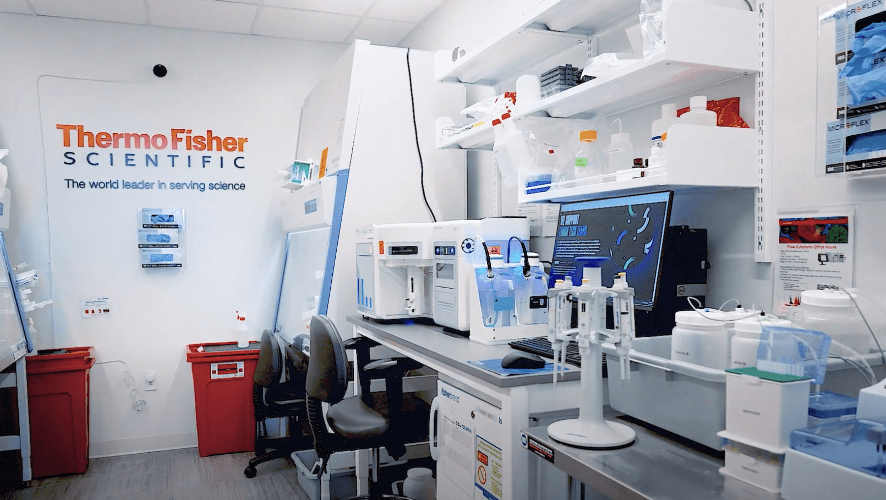 The image shows ThermoFisher bioanalytical equipment in a wet lab at The Engine.